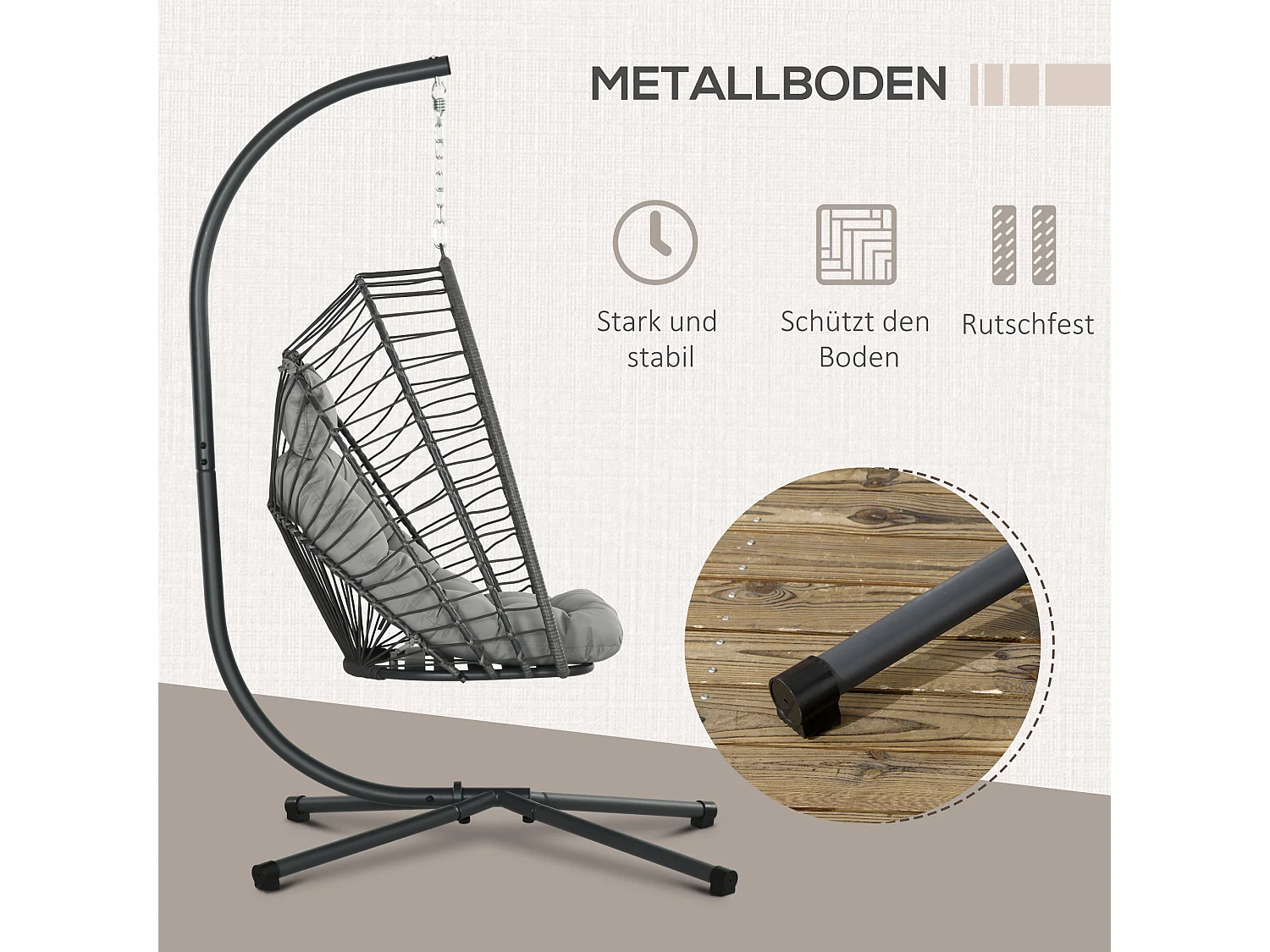 Fauteuil à bascule en rotin pliable, avec coussin et structure en acier, gris clair (100x131x194 cm)