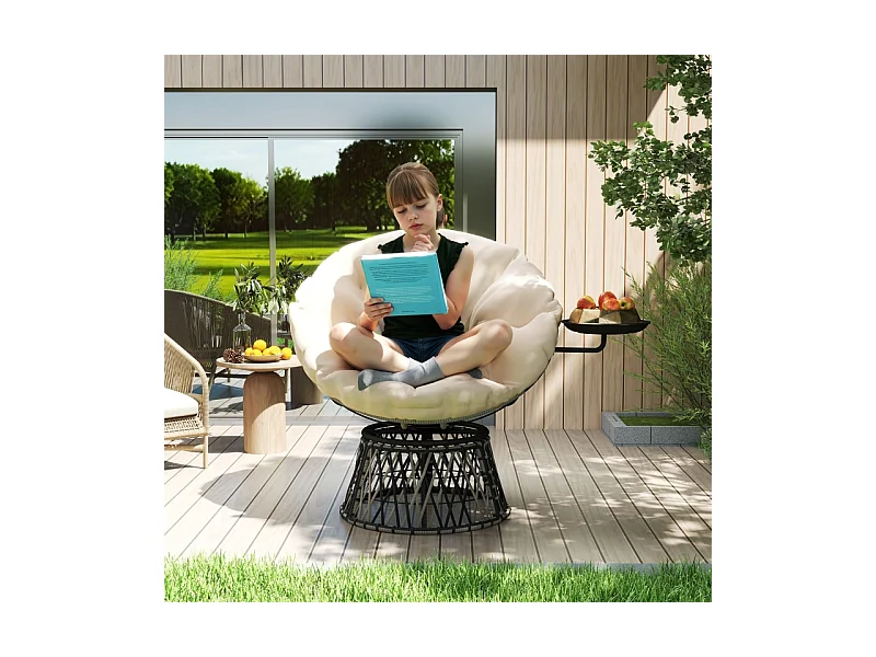 Sillón de ratán giratorio de 360° con cojín, color beige, para interior y exterior (118 x 76 x 88 cm)