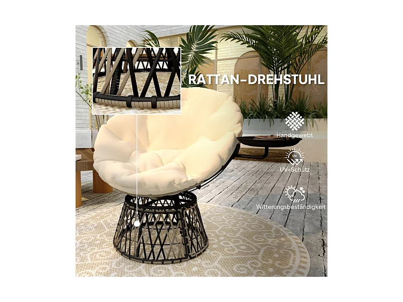 Sillón de ratán giratorio de 360° con cojín, color beige, para interior y exterior (118 x 76 x 88 cm)