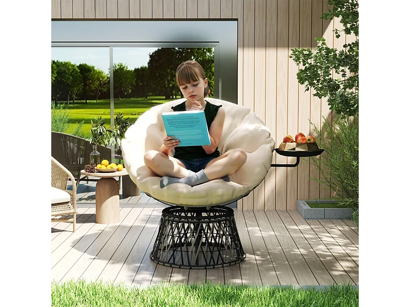 360° draaibare rotan fauteuil met kussen, beige, voor binnen- en buitengebruik (118x76x88 cm)