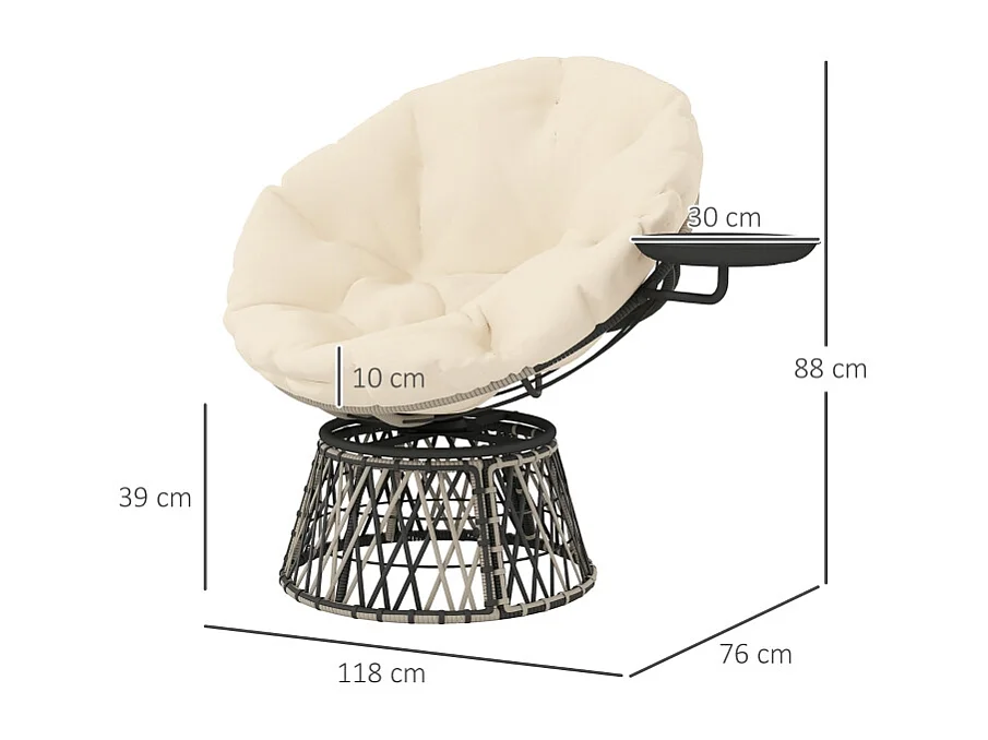 360° draaibare rotan fauteuil met kussen, beige, voor binnen- en buitengebruik (118x76x88 cm)