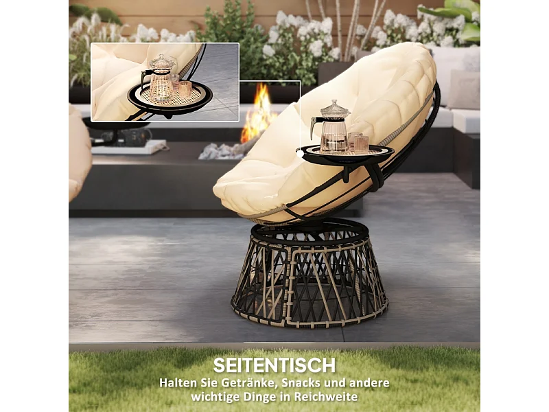 360° draaibare rotan fauteuil met kussen, beige, voor binnen- en buitengebruik (118x76x88 cm)