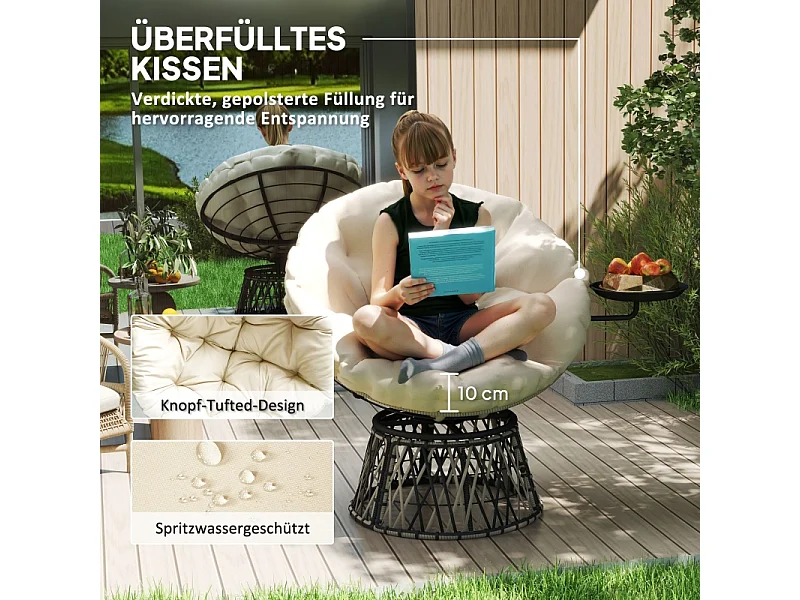 360° draaibare rotan fauteuil met kussen, beige, voor binnen- en buitengebruik (118x76x88 cm)