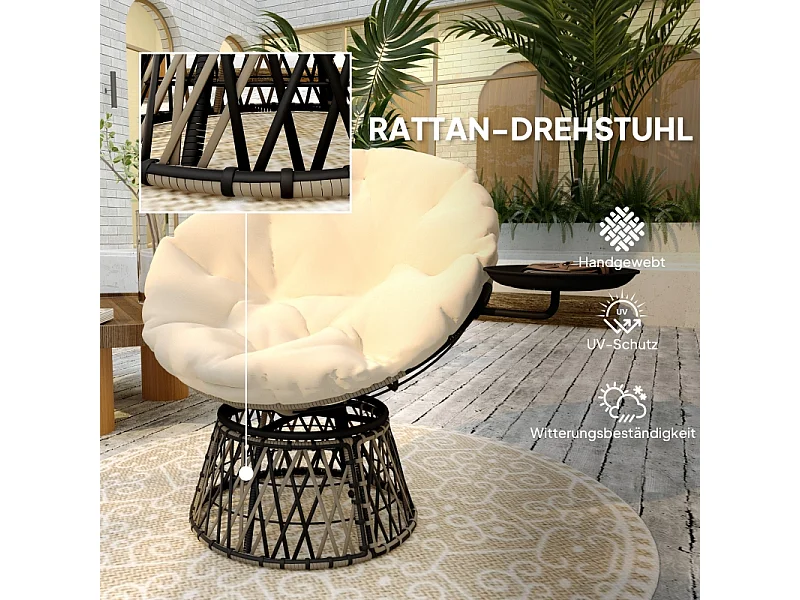 360° draaibare rotan fauteuil met kussen, beige, voor binnen- en buitengebruik (118x76x88 cm)