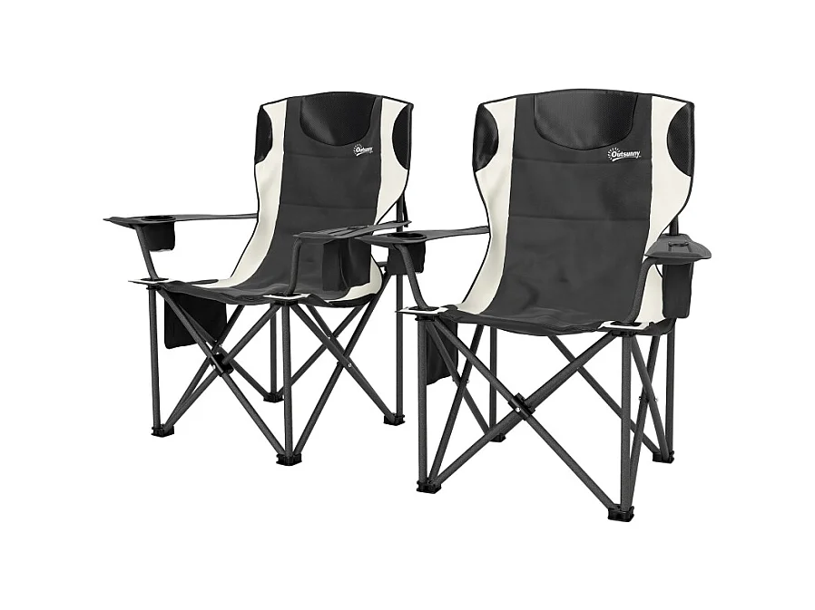 Chaise pliante de camping avec accoudoirs, repose-tête et porte-gobelet, métal et tissu Oxford, noir (94x62x100cm)