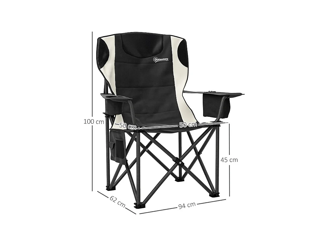 Chaise pliante de camping avec accoudoirs, repose-tête et porte-gobelet, métal et tissu Oxford, noir (94x62x100cm)