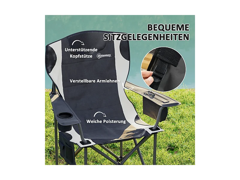 Chaise pliante de camping avec accoudoirs, repose-tête et porte-gobelet, métal et tissu Oxford, noir (94x62x100cm)