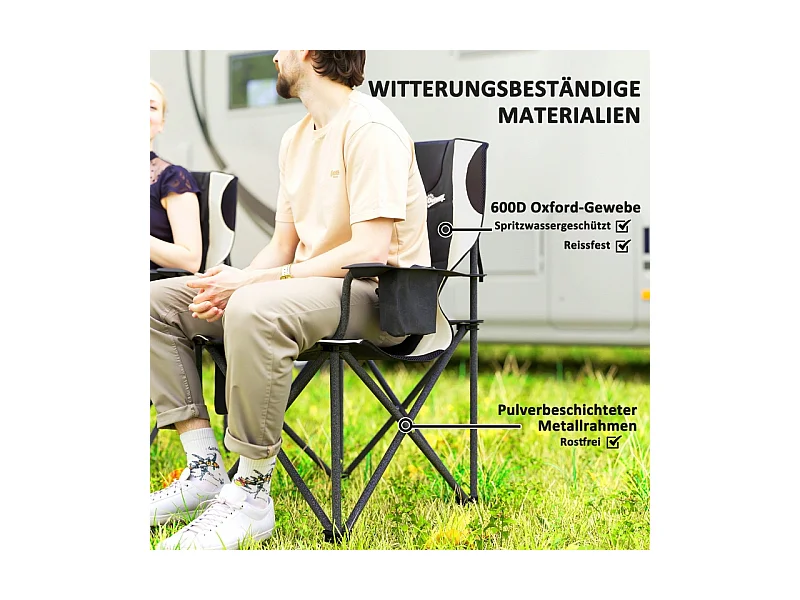 Chaise pliante de camping avec accoudoirs, repose-tête et porte-gobelet, métal et tissu Oxford, noir (94x62x100cm)