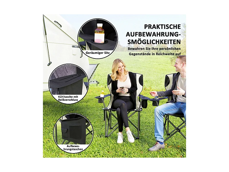 Chaise pliante de camping avec accoudoirs, repose-tête et porte-gobelet, métal et tissu Oxford, noir (94x62x100cm)