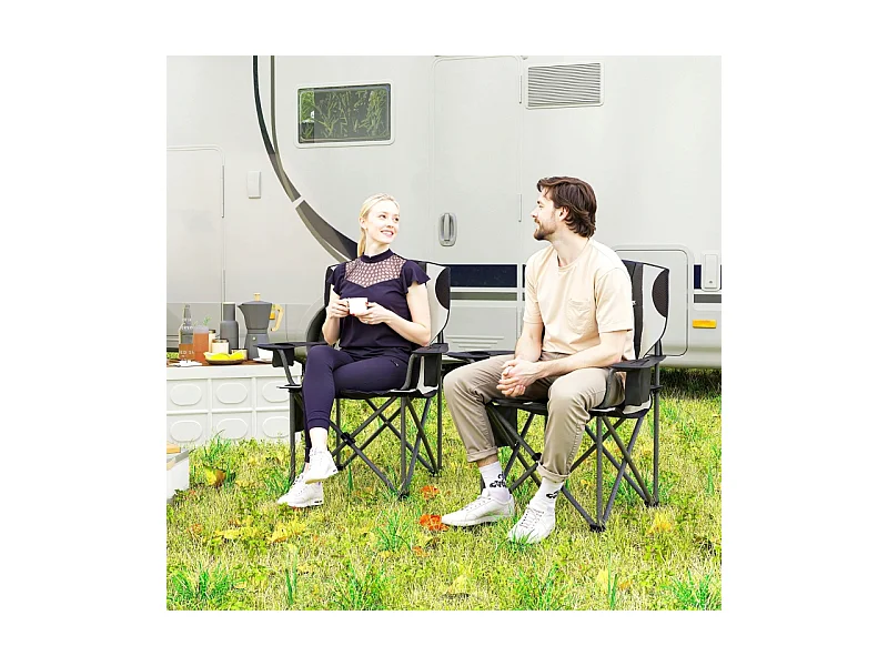 Chaise pliante de camping avec accoudoirs, repose-tête et porte-gobelet, métal et tissu Oxford, noir (94x62x100cm)