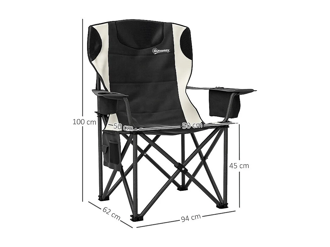 Sedia da campeggio pieghevole con braccioli, poggiatesta e portabicchieri, metallo e tessuto Oxford, nero (94x62x100cm)