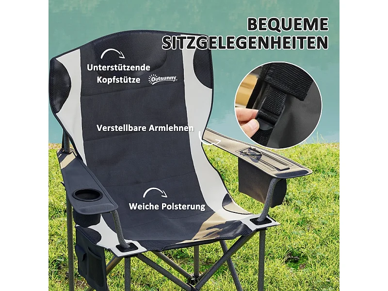 Sedia da campeggio pieghevole con braccioli, poggiatesta e portabicchieri, metallo e tessuto Oxford, nero (94x62x100cm)