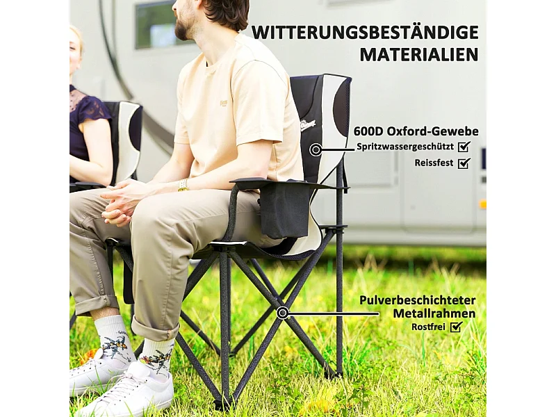 Sedia da campeggio pieghevole con braccioli, poggiatesta e portabicchieri, metallo e tessuto Oxford, nero (94x62x100cm)