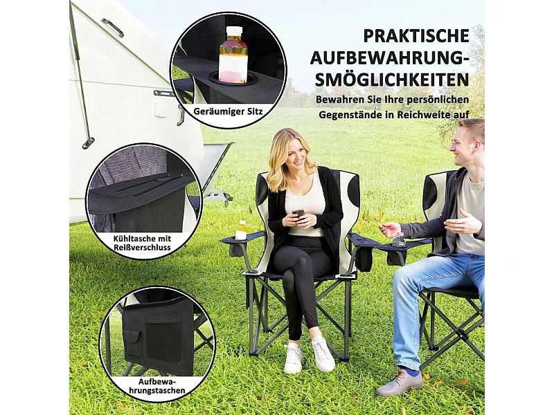 Sedia da campeggio pieghevole con braccioli, poggiatesta e portabicchieri, metallo e tessuto Oxford, nero (94x62x100cm)