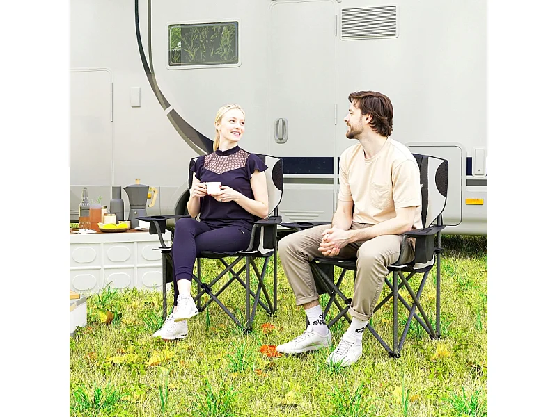 Sedia da campeggio pieghevole con braccioli, poggiatesta e portabicchieri, metallo e tessuto Oxford, nero (94x62x100cm)