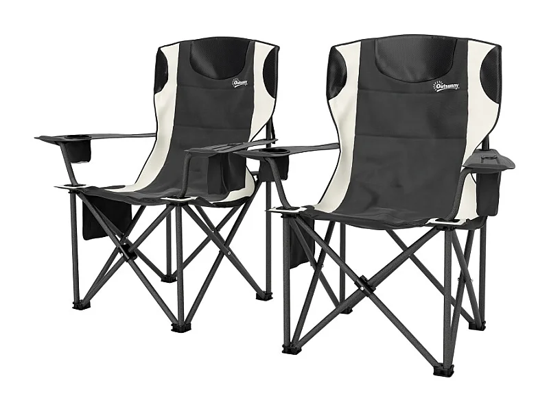 Chaise pliante de camping avec accoudoirs, repose-tête et porte-gobelet, métal et tissu Oxford, noir (94x62x100cm)