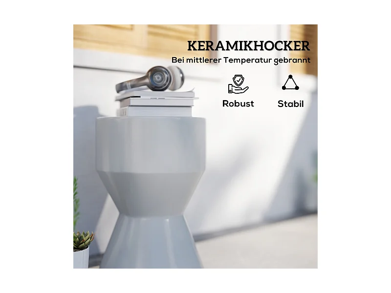 Taburete de jardín de cerámica, diseño de reloj de arena, resistente a la intemperie, gris claro (33x33x45,5 cm)