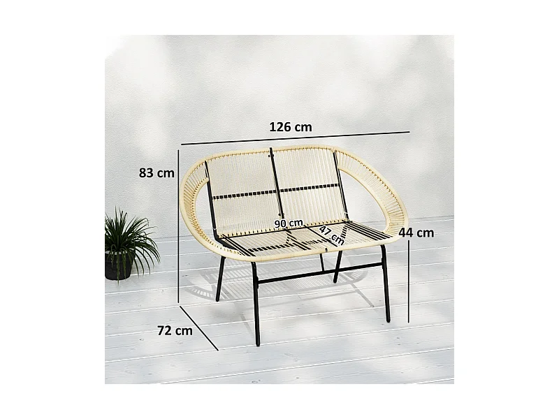 Banc de jardin 2 places en polyrotin, résistant aux intempéries, design tissé, acier, kaki (126x72x83cm)