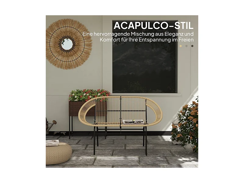 Banc de jardin 2 places en polyrotin, résistant aux intempéries, design tissé, acier, kaki (126x72x83cm)