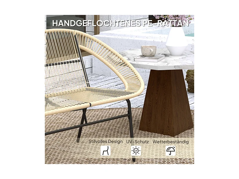 Banc de jardin 2 places en polyrotin, résistant aux intempéries, design tissé, acier, kaki (126x72x83cm)