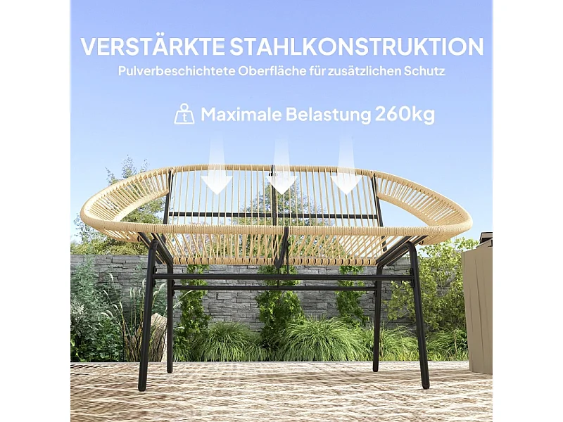 Banc de jardin 2 places en polyrotin, résistant aux intempéries, design tissé, acier, kaki (126x72x83cm)