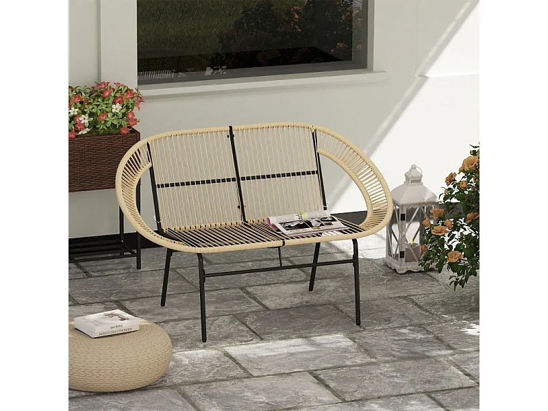 Banc de jardin 2 places en polyrotin, résistant aux intempéries, design tissé, acier, kaki (126x72x83cm)