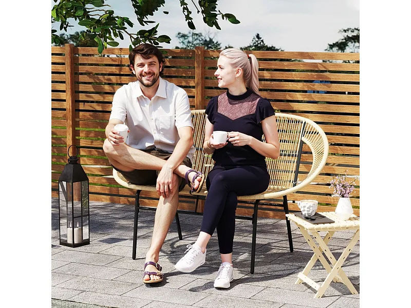 Banc de jardin 2 places en polyrotin, résistant aux intempéries, design tissé, acier, kaki (126x72x83cm)