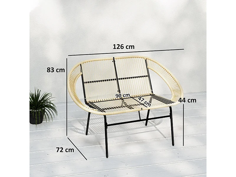 Banc de jardin 2 places en polyrotin, résistant aux intempéries, design tissé, acier, kaki (126x72x83cm)