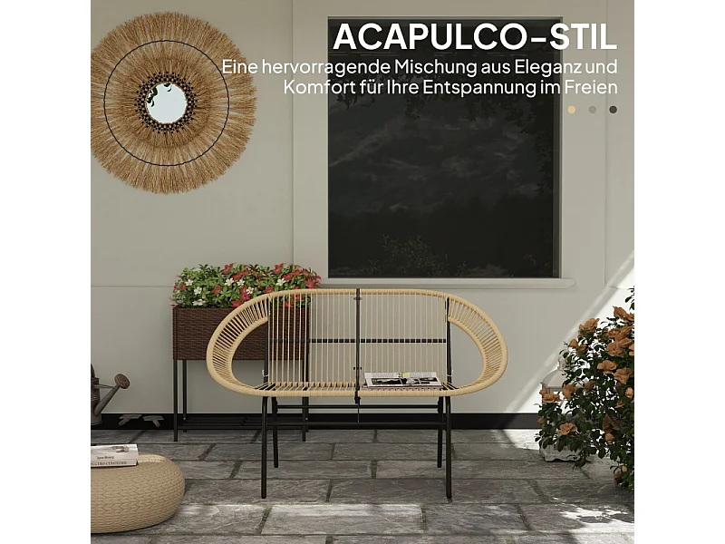 Banc de jardin 2 places en polyrotin, résistant aux intempéries, design tissé, acier, kaki (126x72x83cm)