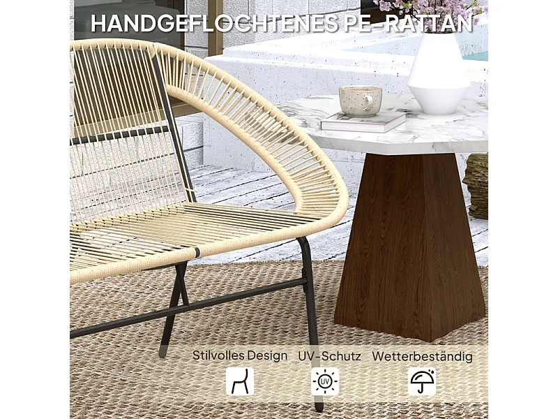 Banc de jardin 2 places en polyrotin, résistant aux intempéries, design tissé, acier, kaki (126x72x83cm)