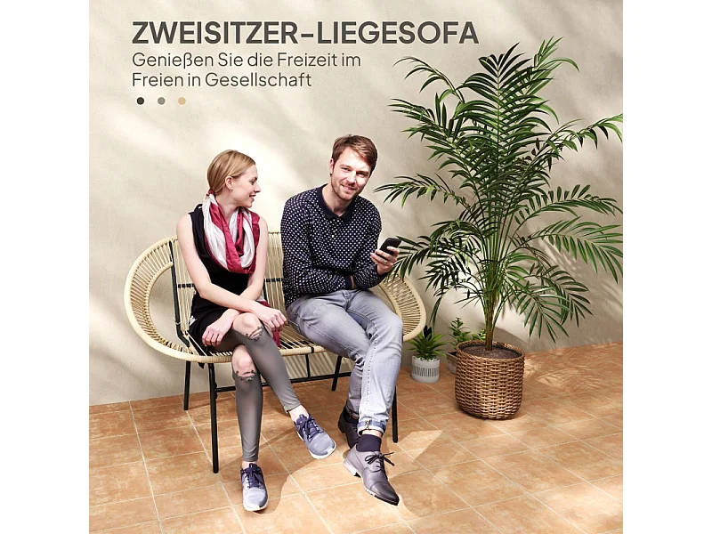 Banc de jardin 2 places en polyrotin, résistant aux intempéries, design tissé, acier, kaki (126x72x83cm)