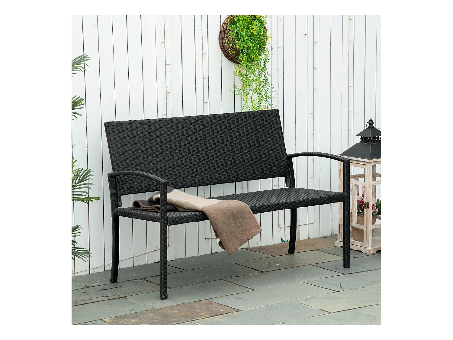 Banc de jardin 2 places en polyrotin, structure en acier, noir (122x60x87cm)