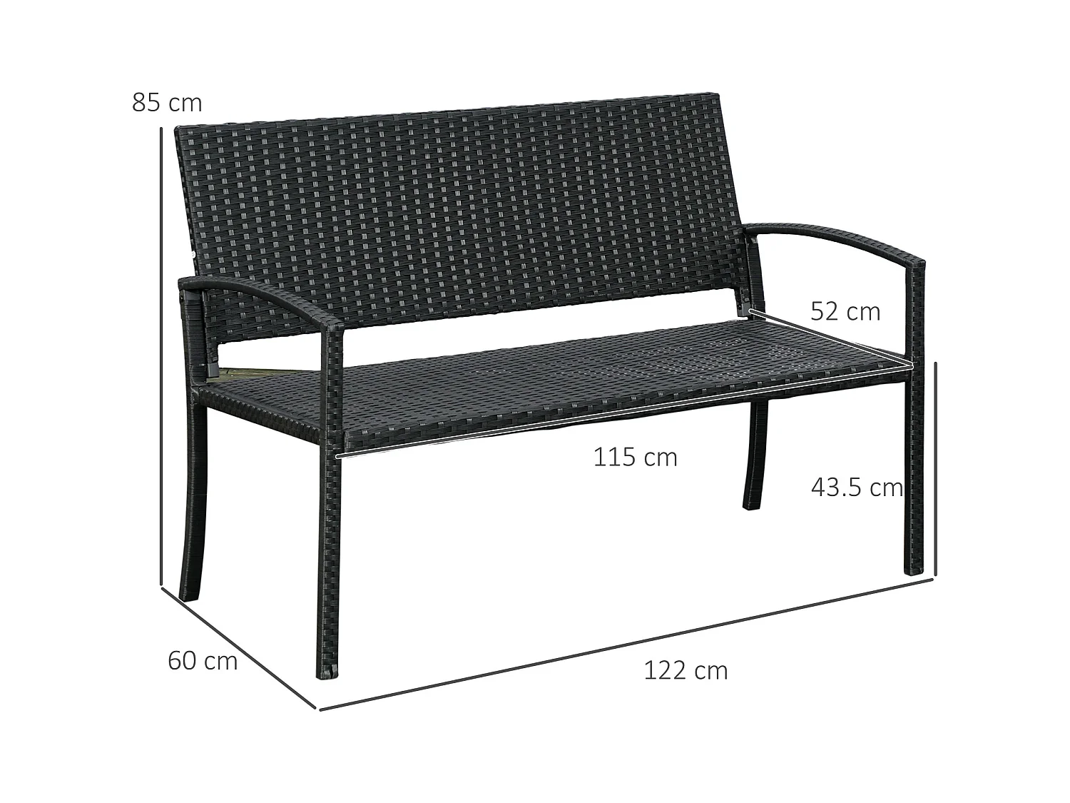 Banc de jardin 2 places en polyrotin, structure en acier, noir (122x60x87cm)