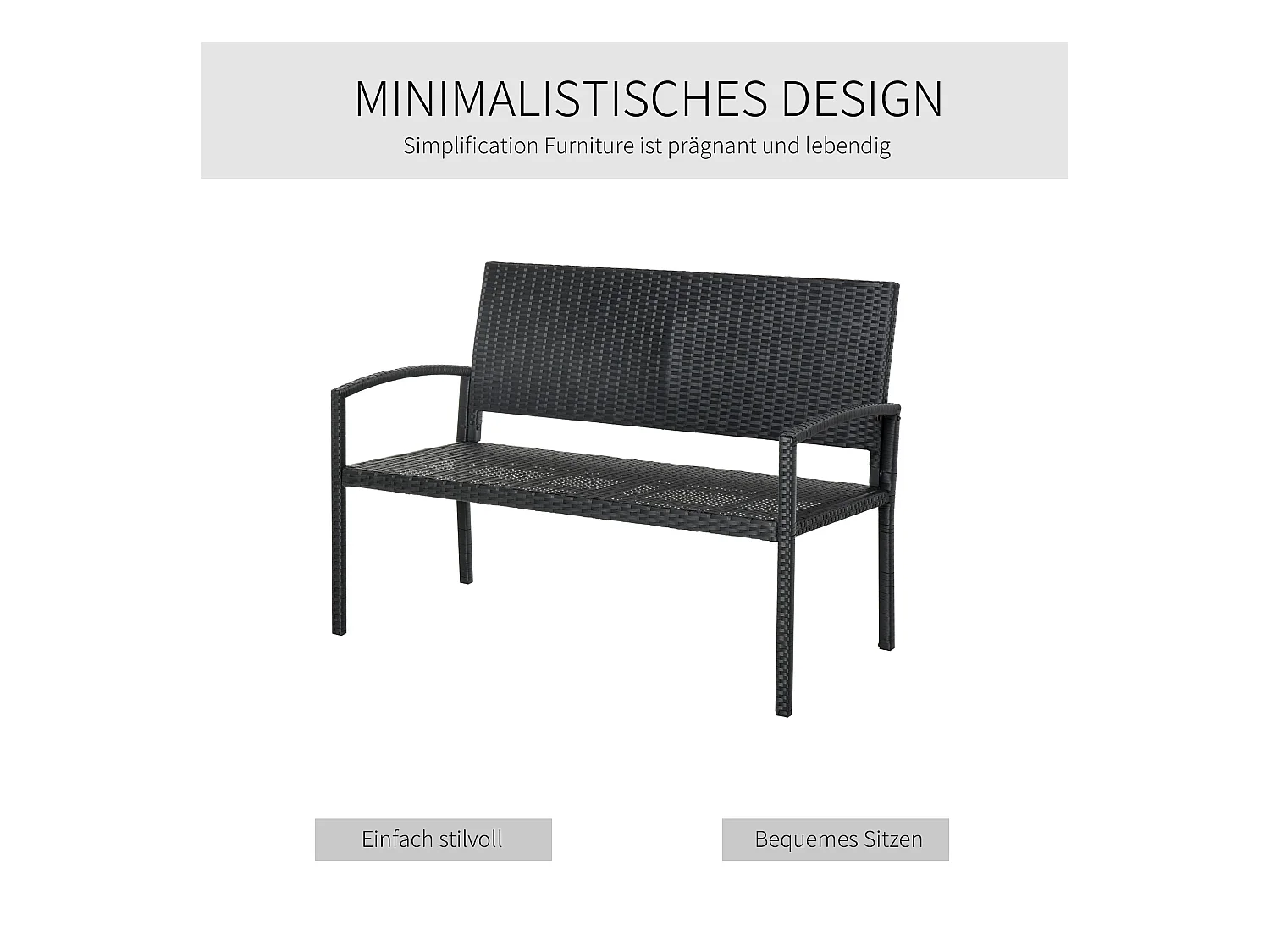 Banc de jardin 2 places en polyrotin, structure en acier, noir (122x60x87cm)