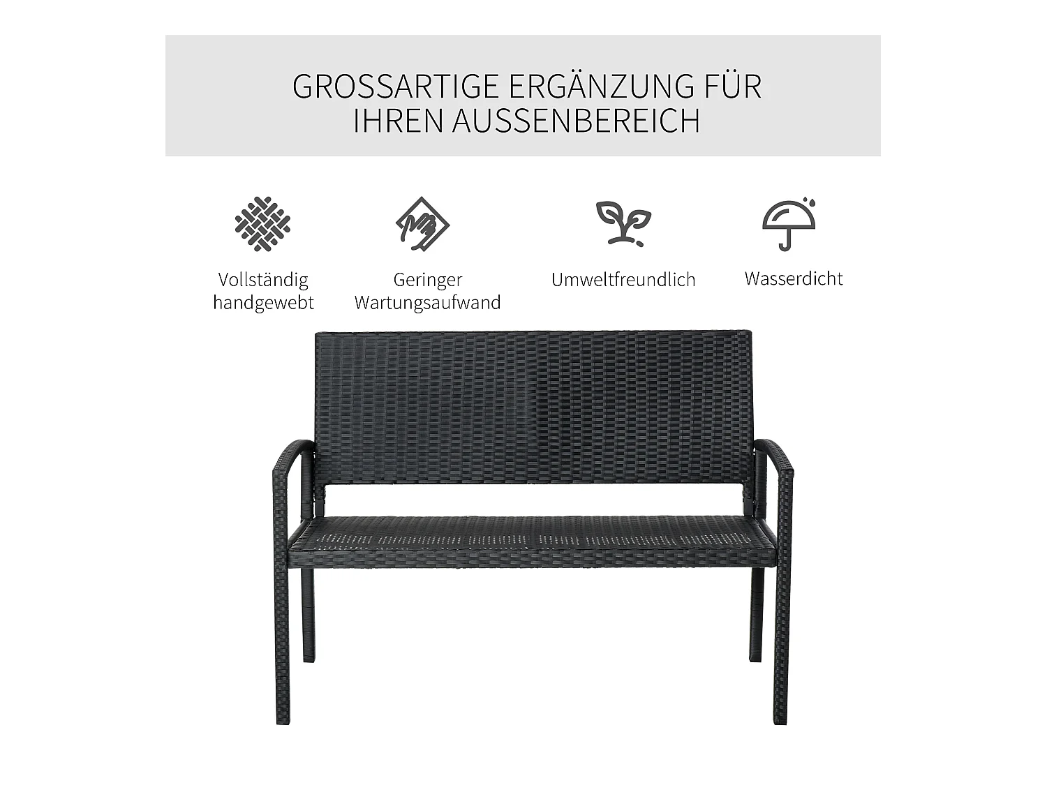 Banc de jardin 2 places en polyrotin, structure en acier, noir (122x60x87cm)