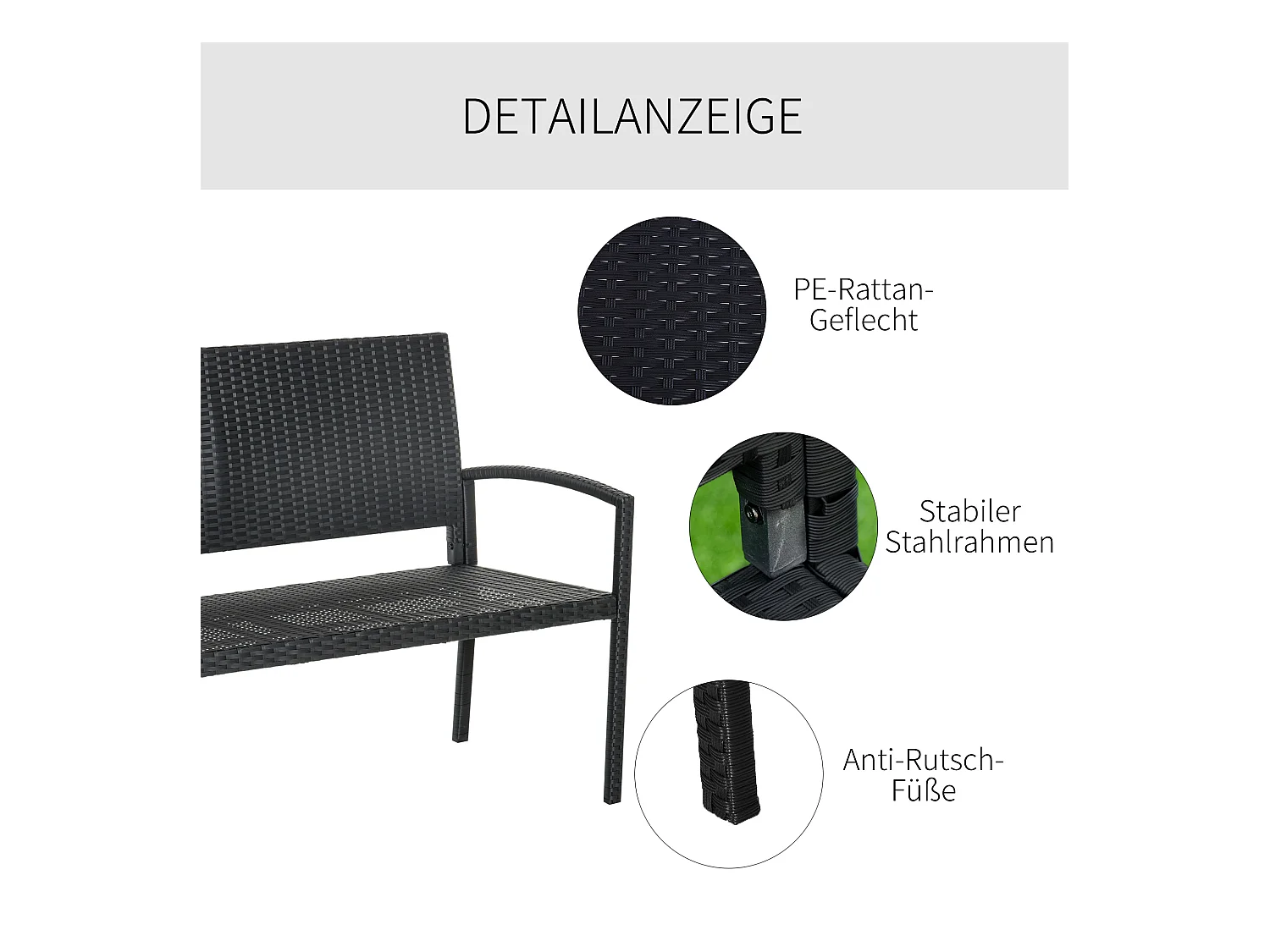 Banc de jardin 2 places en polyrotin, structure en acier, noir (122x60x87cm)