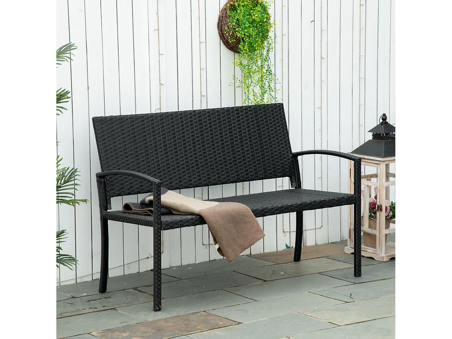 Banc de jardin 2 places en polyrotin, structure en acier, noir (122x60x87cm)