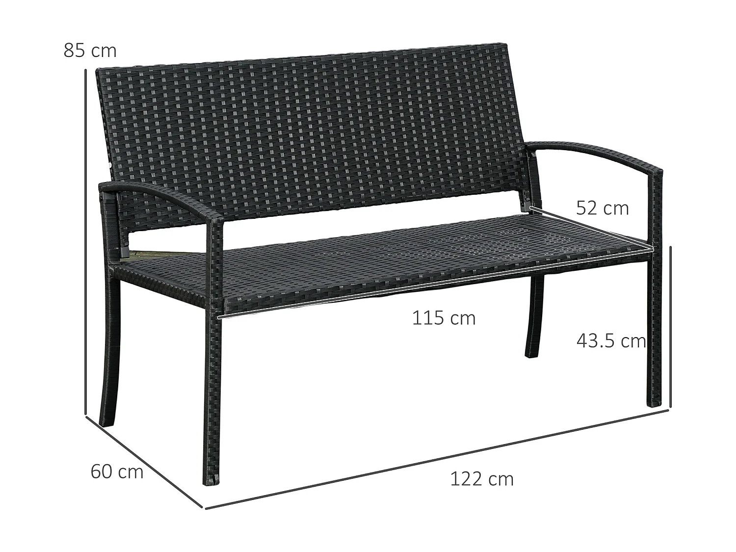 Banc de jardin 2 places en polyrotin, structure en acier, noir (122x60x87cm)
