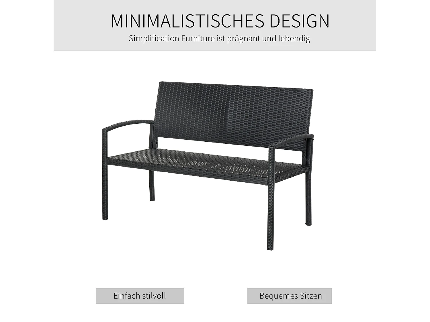 Banc de jardin 2 places en polyrotin, structure en acier, noir (122x60x87cm)