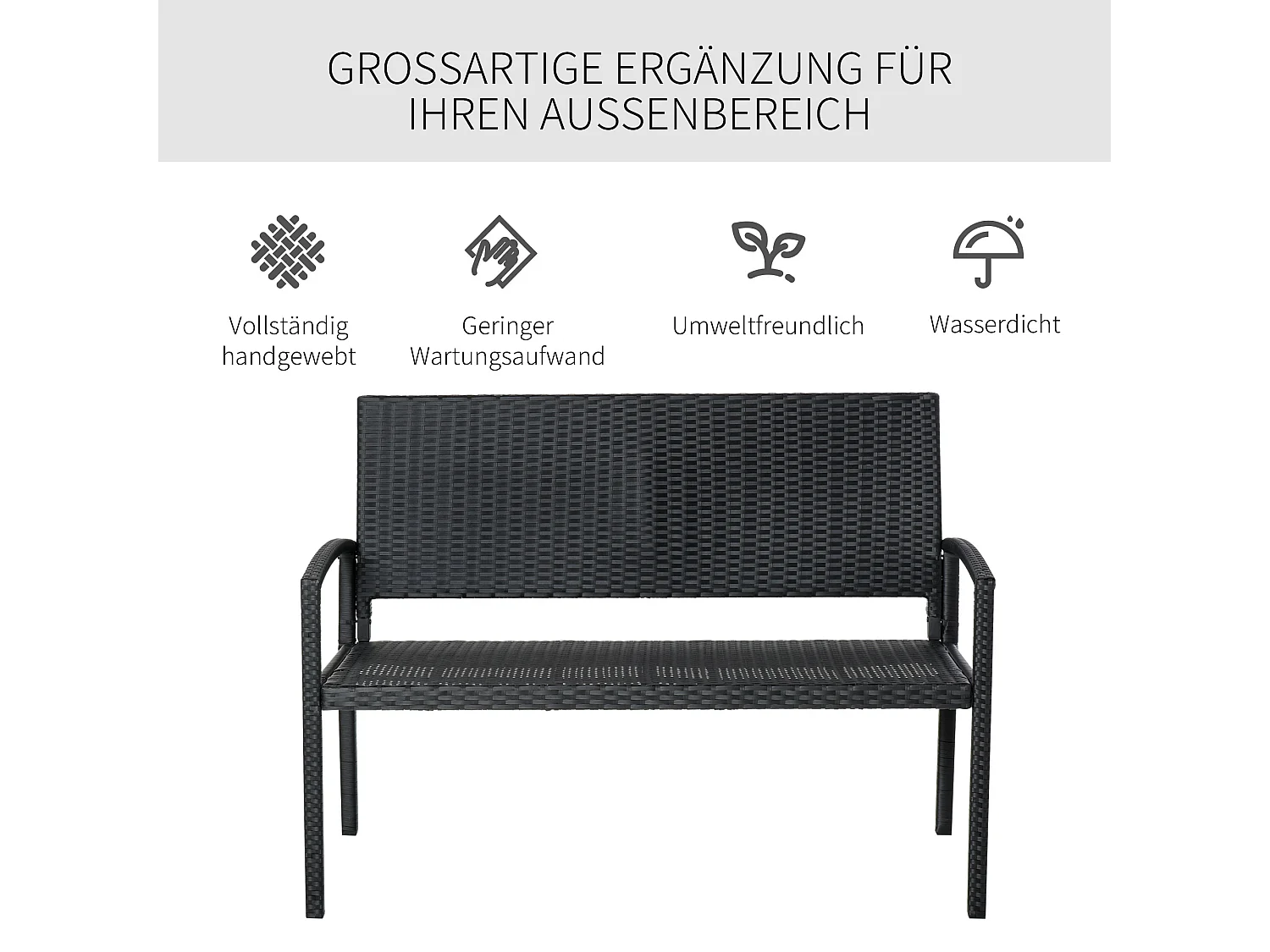 Banc de jardin 2 places en polyrotin, structure en acier, noir (122x60x87cm)