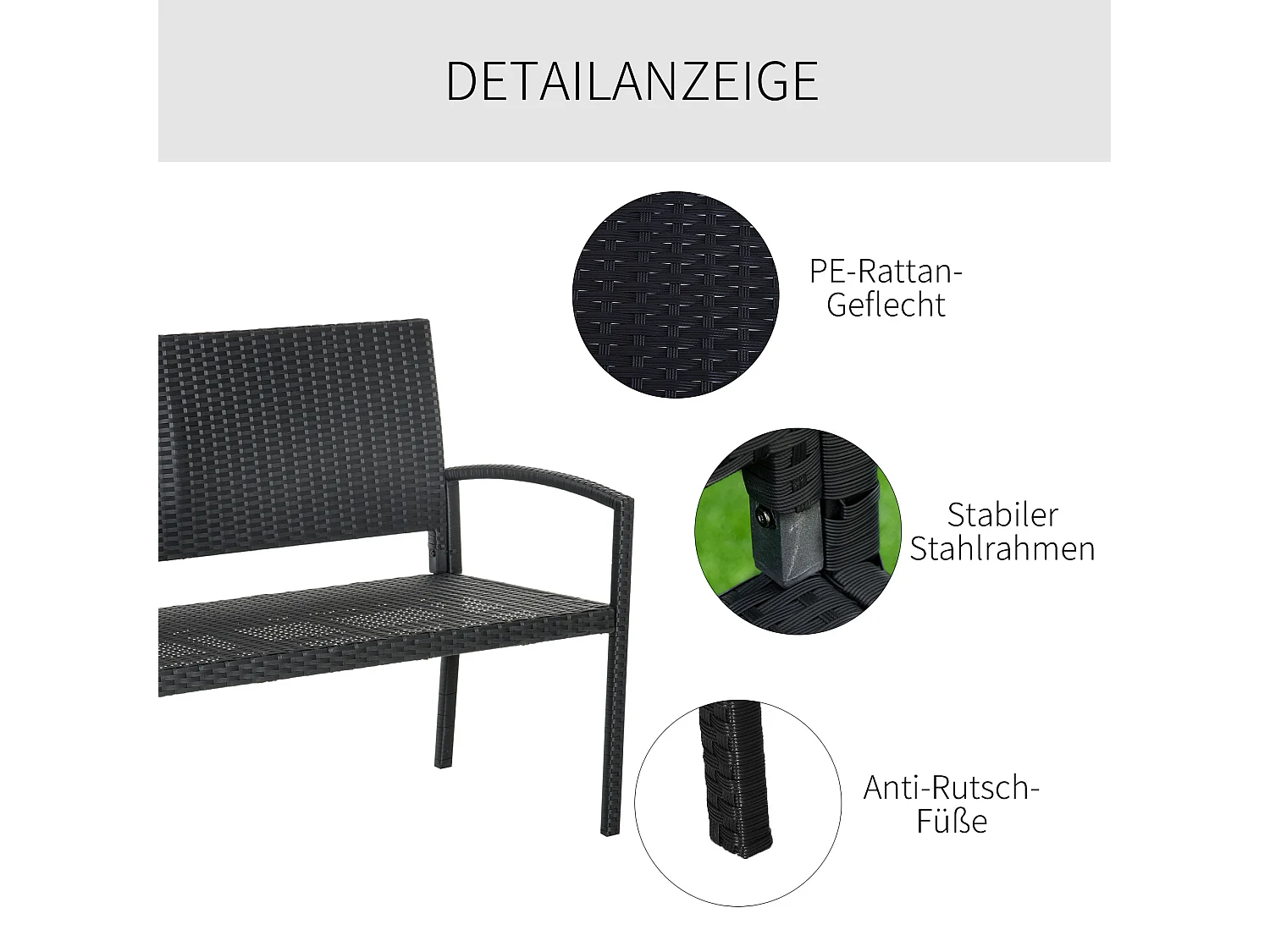 Banc de jardin 2 places en polyrotin, structure en acier, noir (122x60x87cm)