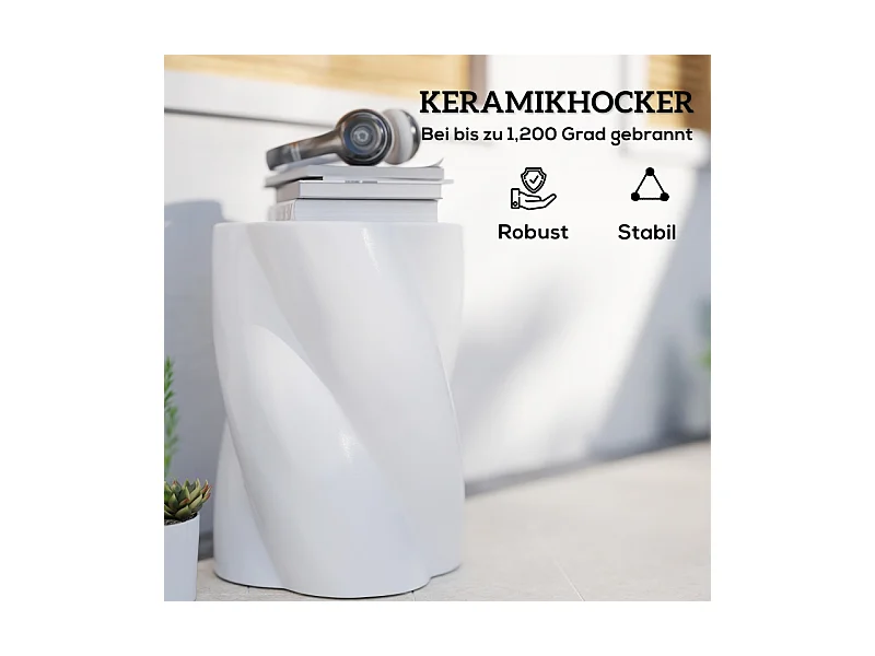 Tabouret de jardin en céramique, design spirale résistant aux intempéries, blanc, avec intempéries, blanc, avec couvercle (33x33x45cm)