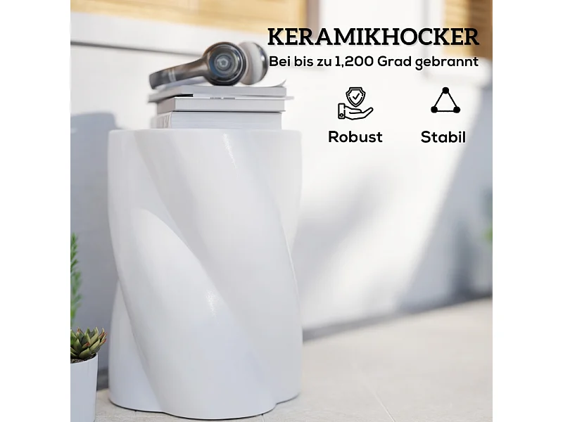 Tabouret de jardin en céramique, design spirale résistant aux intempéries, blanc, avec intempéries, blanc, avec couvercle (33x33x45cm)