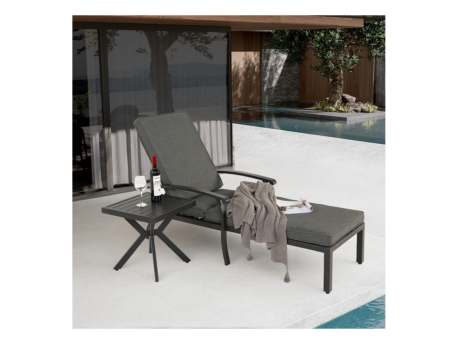 Sillón de patio ajustable con cojín de algodón, aluminio resistente a la corrosión, gris (204 x 58 x 100/30 cm)