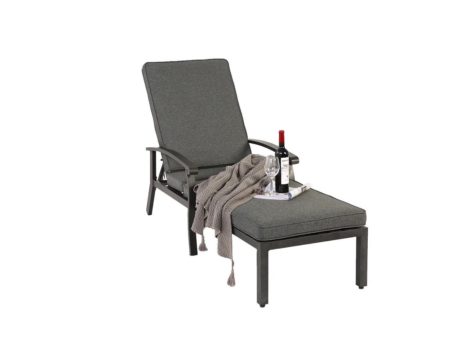 Sillón de patio ajustable con cojín de algodón, aluminio resistente a la corrosión, gris (204 x 58 x 100/30 cm)