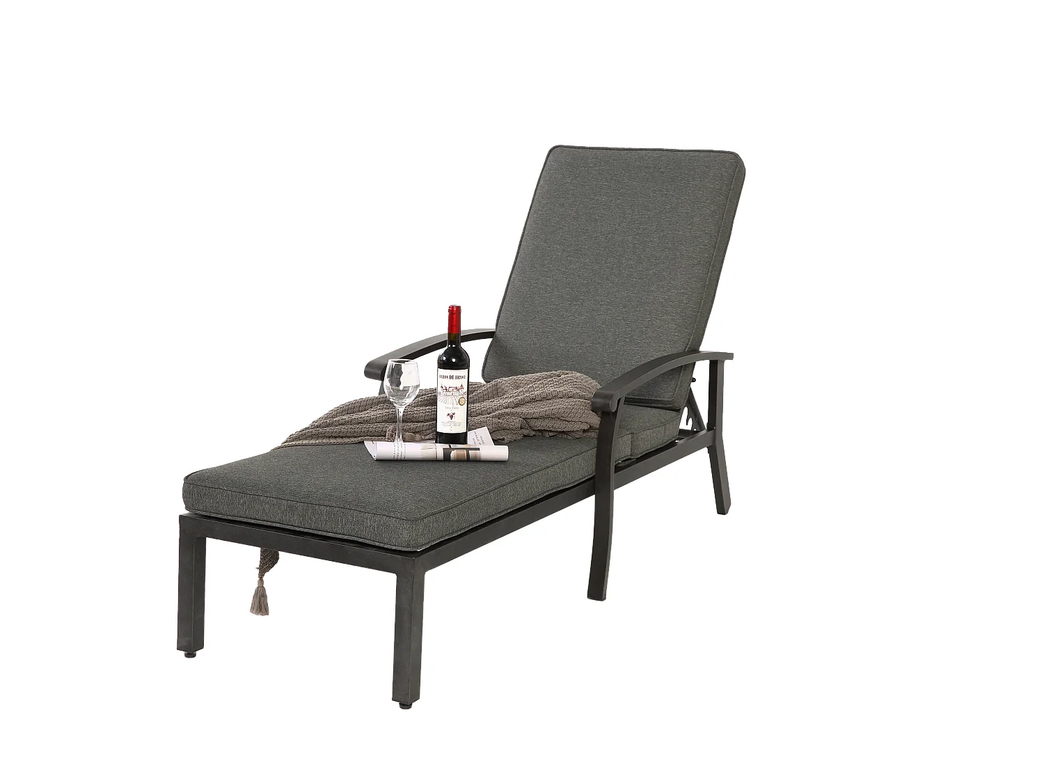 Verstelbare patio-ligstoel met katoenen kussen, roestbestendig aluminium, grijs (204x58x100/30 cm)