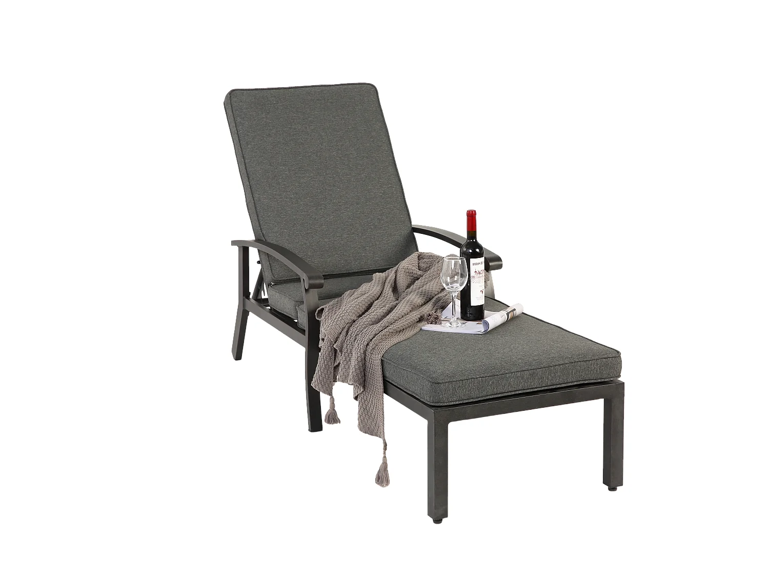 Verstelbare patio-ligstoel met katoenen kussen, roestbestendig aluminium, grijs (204x58x100/30 cm)