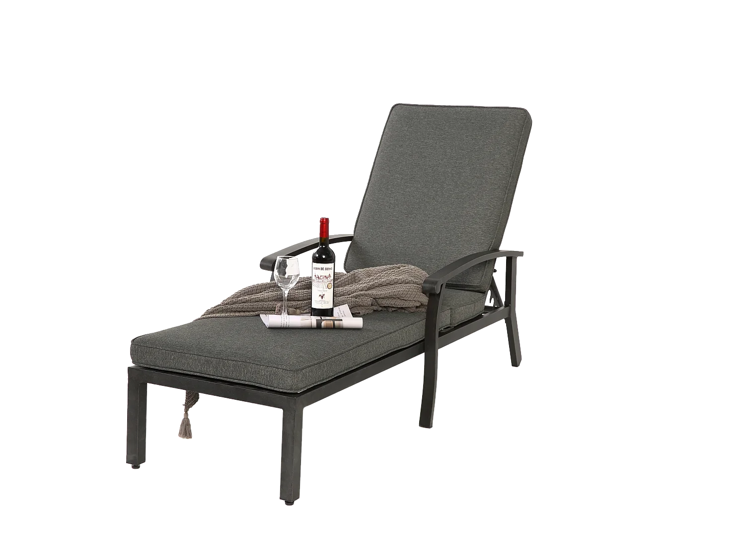 Chaise longue de patio réglable avec coussin en coton, aluminium résistant à la rouille, gris (204x58x100/30 cm)