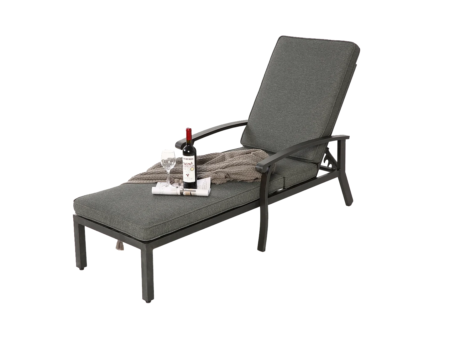 Chaise longue de patio réglable avec coussin en coton, aluminium résistant à la rouille, gris (204x58x100/30 cm)