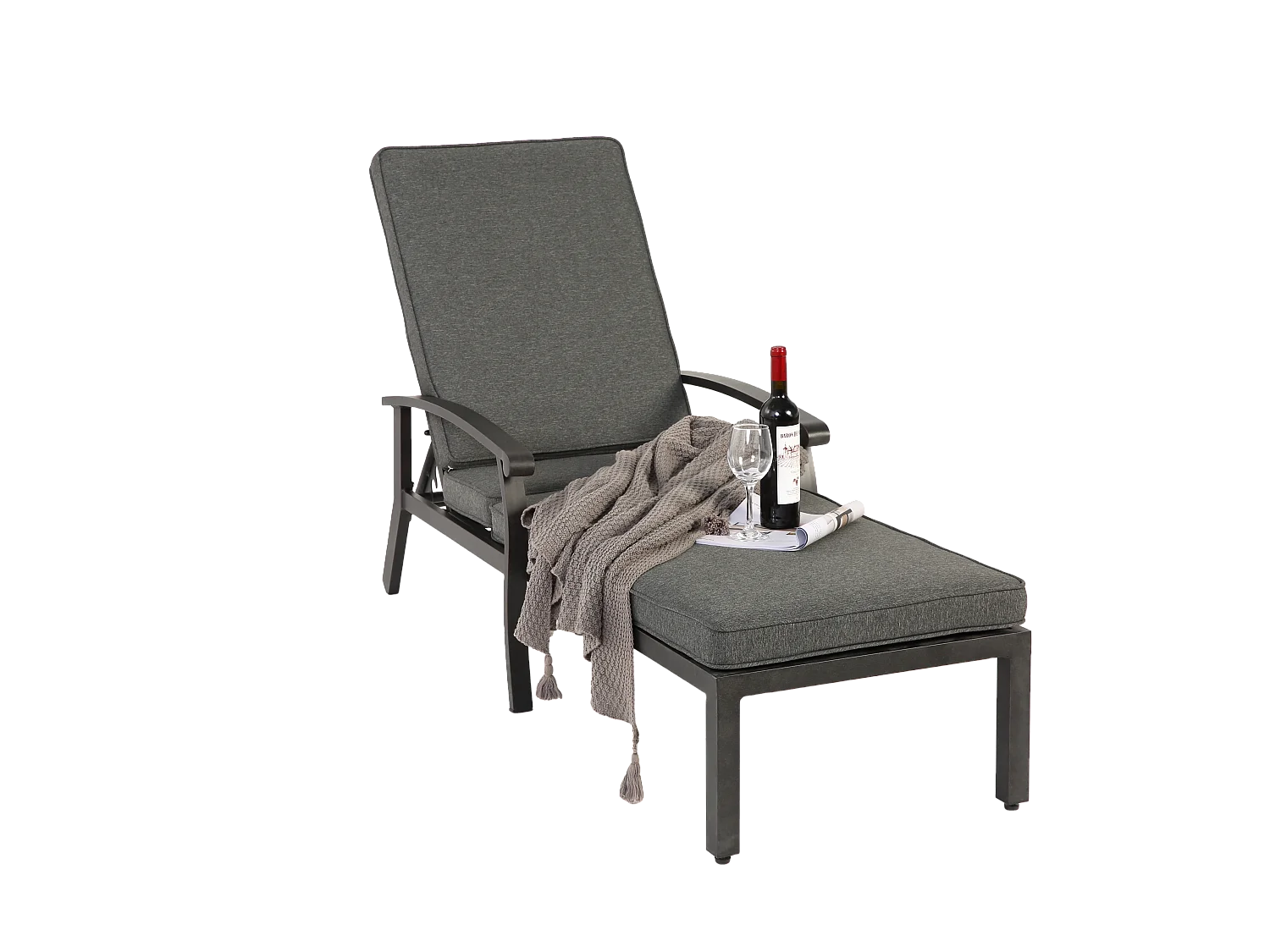 Chaise longue de patio réglable avec coussin en coton, aluminium résistant à la rouille, gris (204x58x100/30 cm)